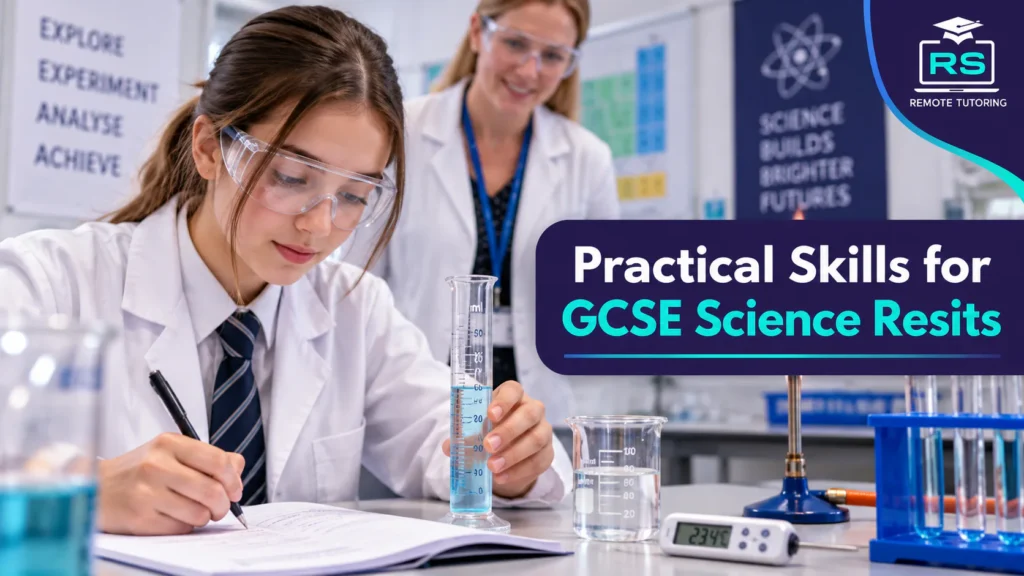 GCSE Science Resits in Summer 2027: Combined and Separate Science 4 Student in safety goggles recording results from a measuring cylinder experiment in a school science lab with a teacher watching