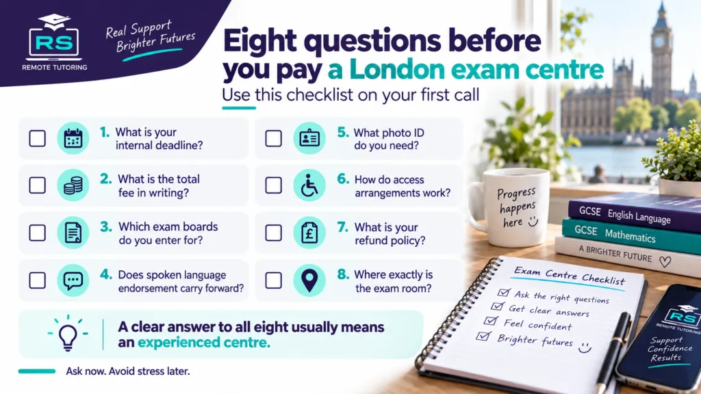 How to Find an Exam Centre for a GCSE Resit as a Private Candidate in London 4 Checklist of questions to ask a London exam centre before booking a GCSE resit