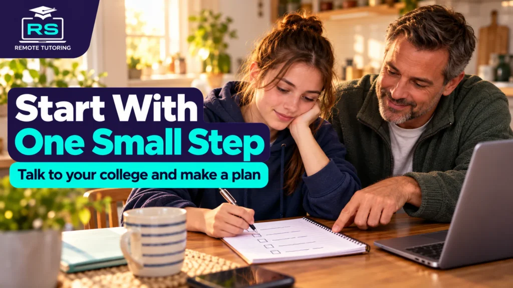 Student writing a checklist in her notebook while her dad points to the next step on the plan beside a laptop