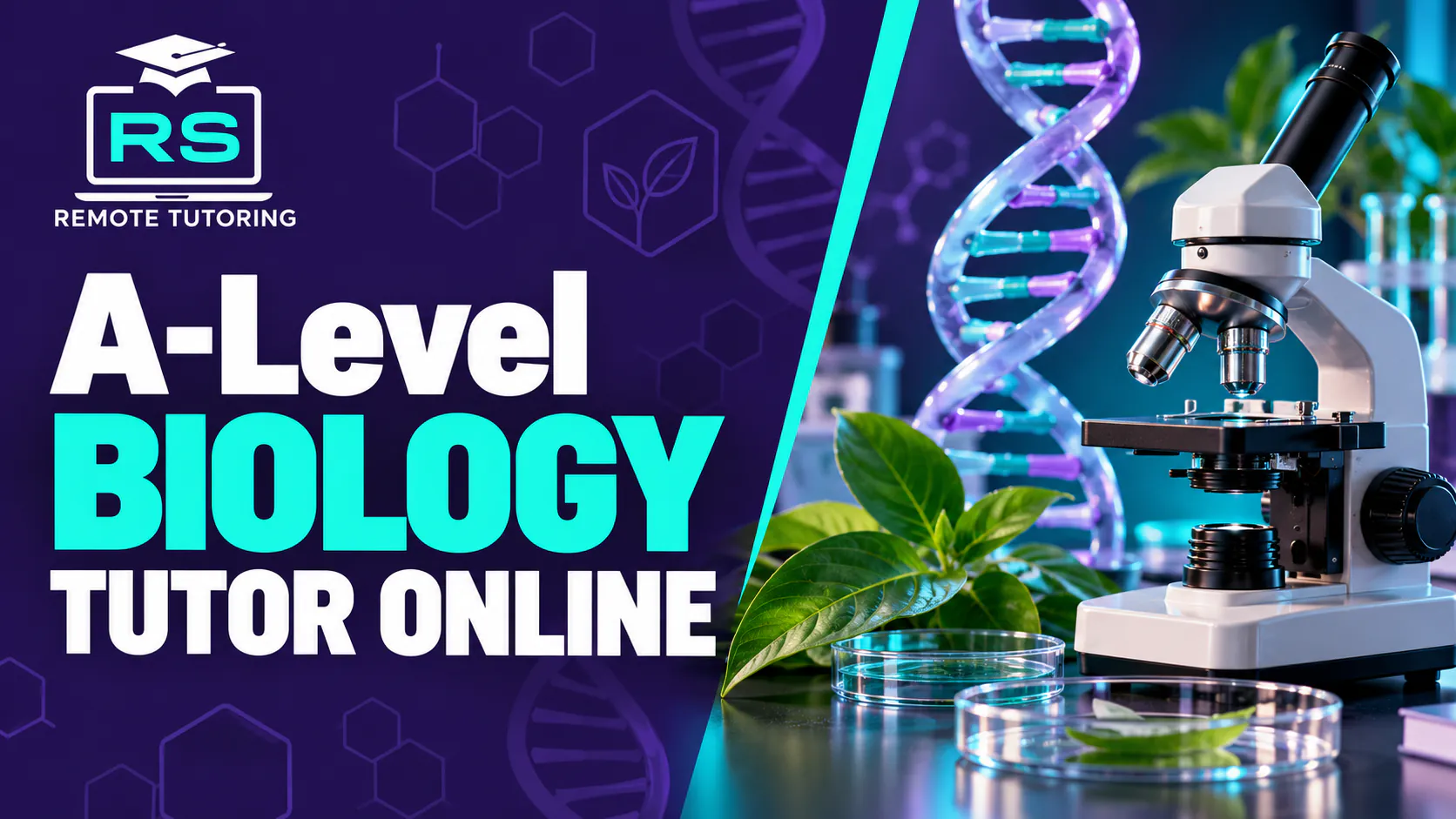 RS Remote Tutoring banner reading A-Level Biology Tutor Online, with a microscope, a DNA double helix model, green leaves and Petri dishes