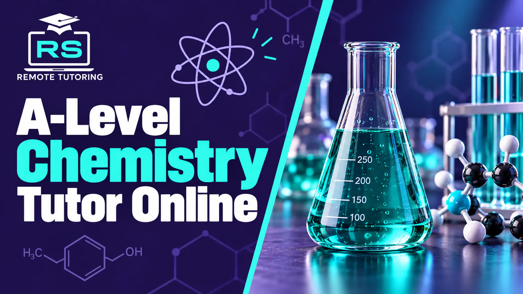 RS Remote Tutoring banner reading A-Level Chemistry Tutor Online, with a conical flask of green liquid, test tubes and a ball-and-stick molecular model