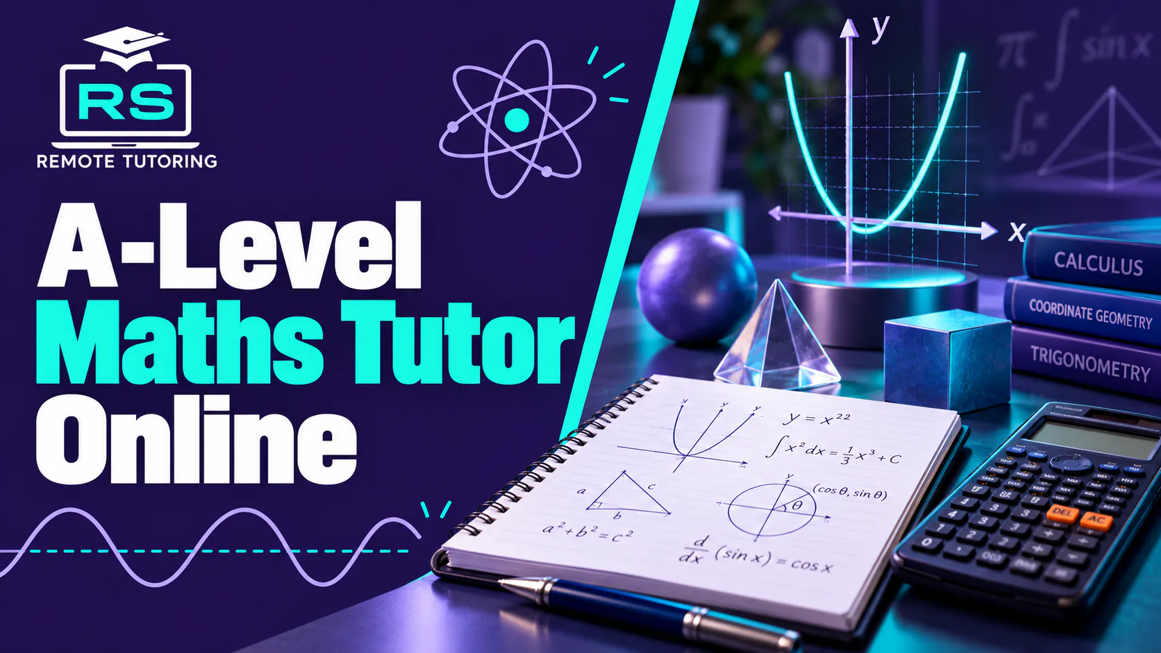 RS Remote Tutoring banner for A-Level Maths tutor online with a notebook of calculus and trigonometry, a calculator and a parabola graph