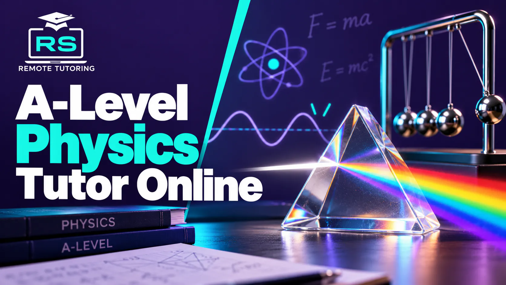 RS Remote Tutoring banner reading A-Level Physics Tutor Online, with a glass prism splitting light into a spectrum, a Newton's cradle and physics textbooks