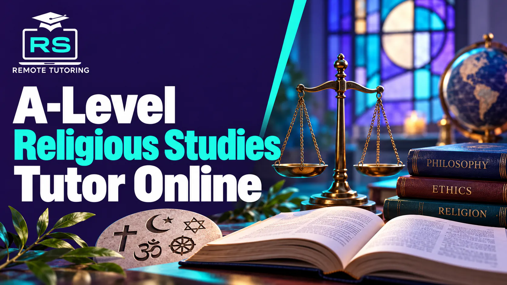 RS Remote Tutoring banner for A-Level Religious Studies tutor online with balance scales, an open book, books titled Philosophy, Ethics and Religion, and a stone carved with religious symbols