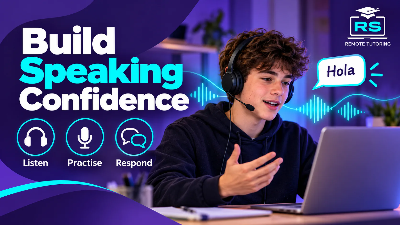 Spanish speaking practice graphic: listen, practise and respond.