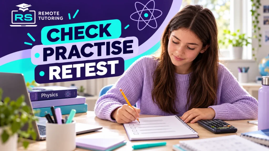 GCSE Physics Maths Skills Checklist: Equations, Graphs and Standard Form 4 Student ticking off a revision checklist in a notebook beside physics books, a laptop and a calculator