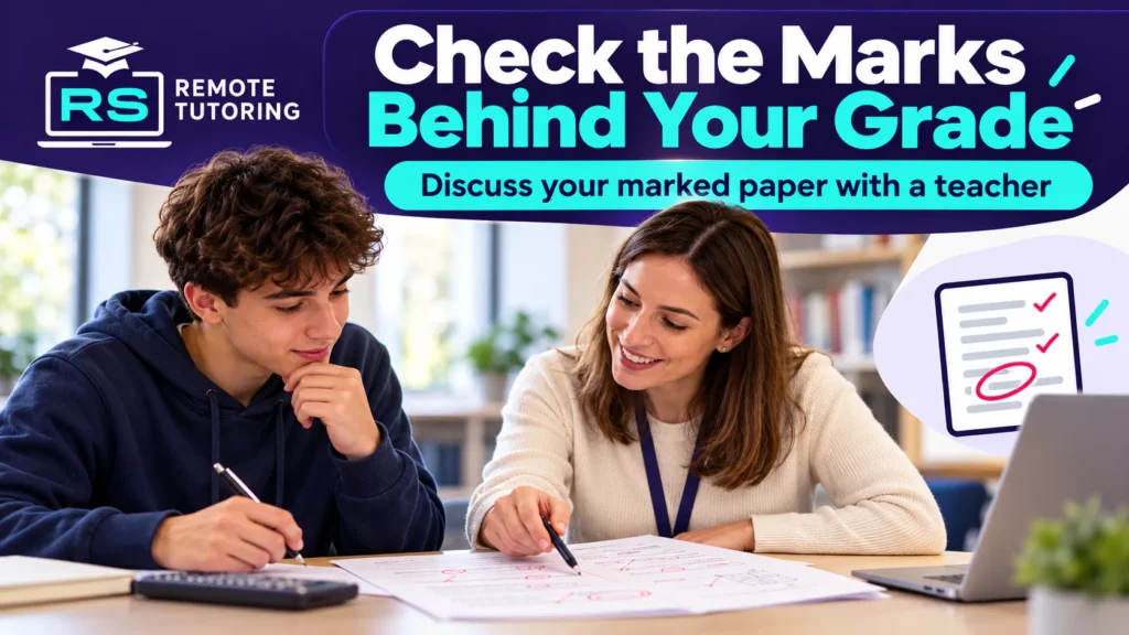 What Happens After the November GCSE Resit Exams? 2 Tutor pointing to a marked exam paper while a student takes notes, under the headline Check the Marks Behind Your Grade from RS Remote Tutoring