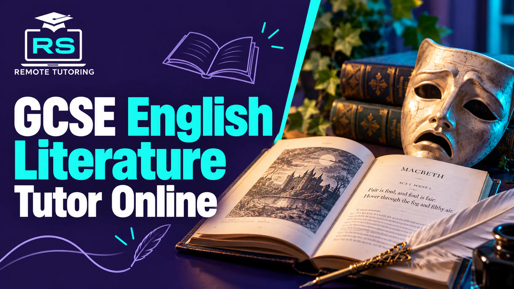 RS Remote Tutoring banner reading GCSE English Literature Tutor Online, with an open copy of Macbeth at Act 1 Scene 1, a theatre mask, a quill and ink pot and old leather-bound books