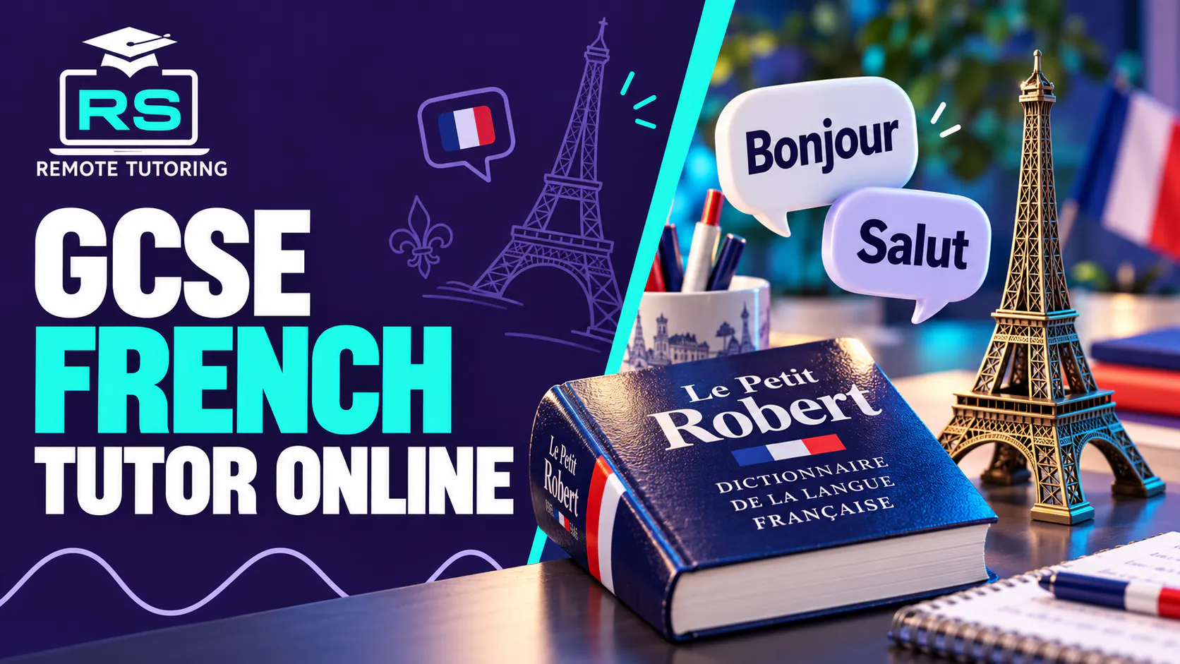 GCSE French Tutor Online RS Remote Tutoring banner for GCSE French tutor online with a French dictionary, an Eiffel Tower model and speech bubbles saying Bonjour and Salut