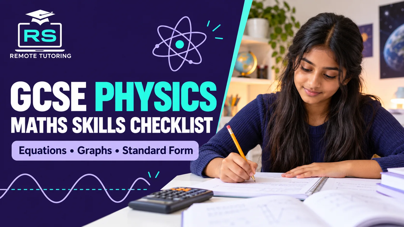 Student writing in a notebook at a desk with a calculator, beside a GCSE physics maths skills checklist title