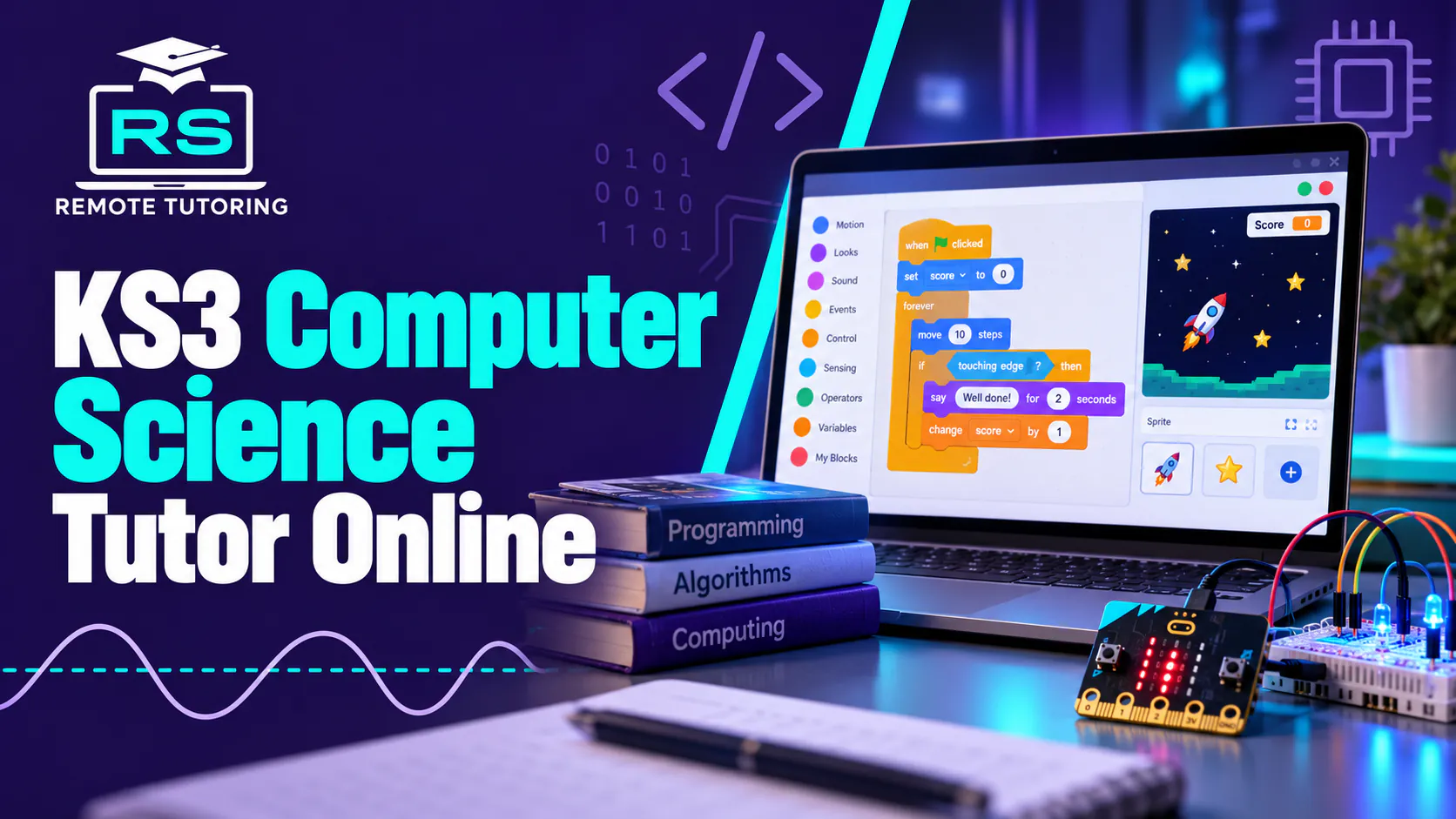 RS Remote Tutoring banner for KS3 Computer Science tutor online with a laptop running block coding, a micro:bit board and programming books