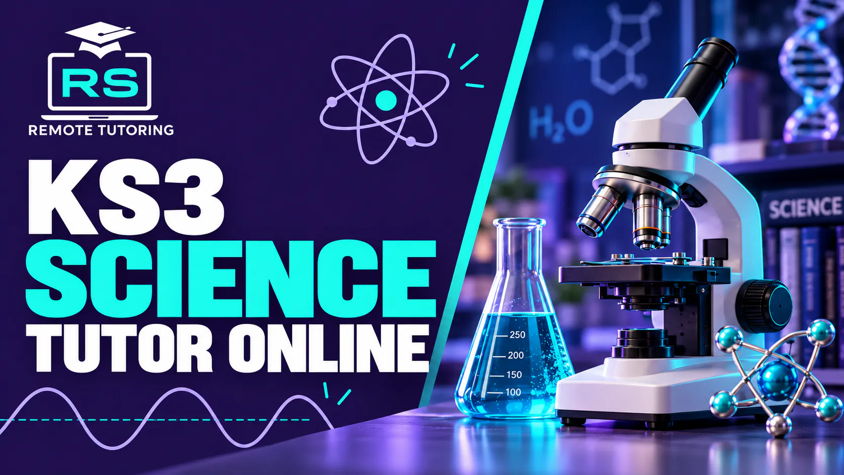 RS Remote Tutoring banner for KS3 Science tutor online with a microscope, a conical flask of blue liquid and a molecule model