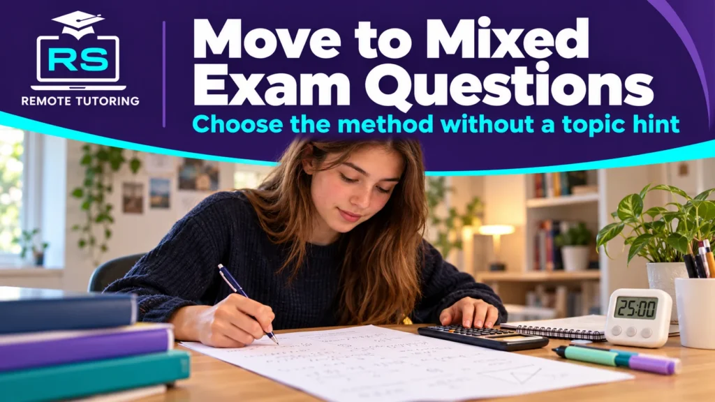 GCSE Maths Worksheets vs Past Papers: Which Should You Use First? 3 Student writing solutions to mixed exam questions with a calculator and a 25 minute timer on the desk