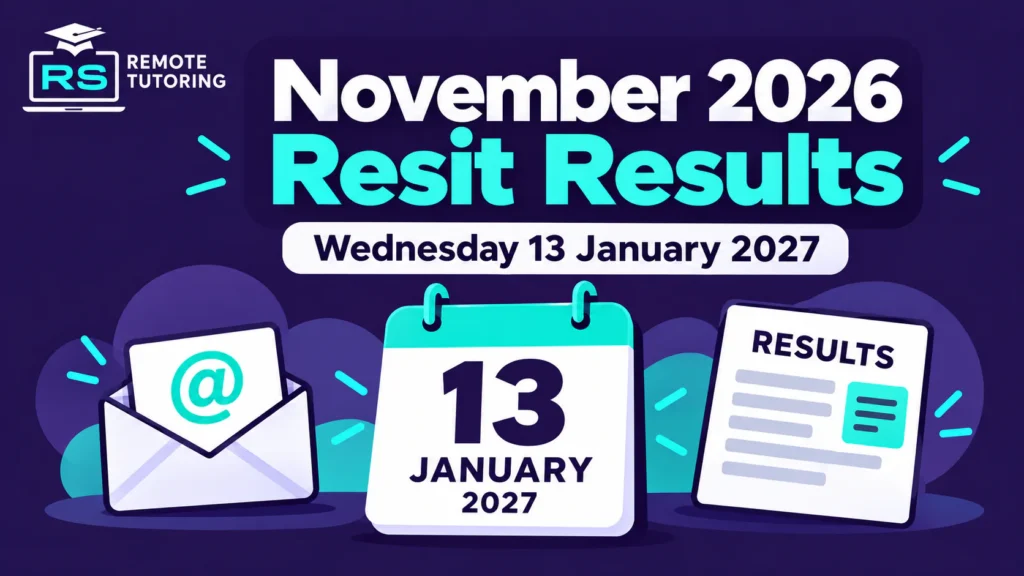 What Happens After the November GCSE Resit Exams? 1 Graphic announcing November 2026 resit results on Wednesday 13 January 2027, with an email envelope, a calendar showing 13 January 2027 and a results sheet, from RS Remote Tutoring