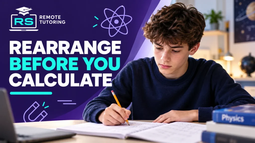 GCSE Physics Maths Skills Checklist: Equations, Graphs and Standard Form 1 Teenage student concentrating while writing physics equations in a notebook with a physics textbook beside him