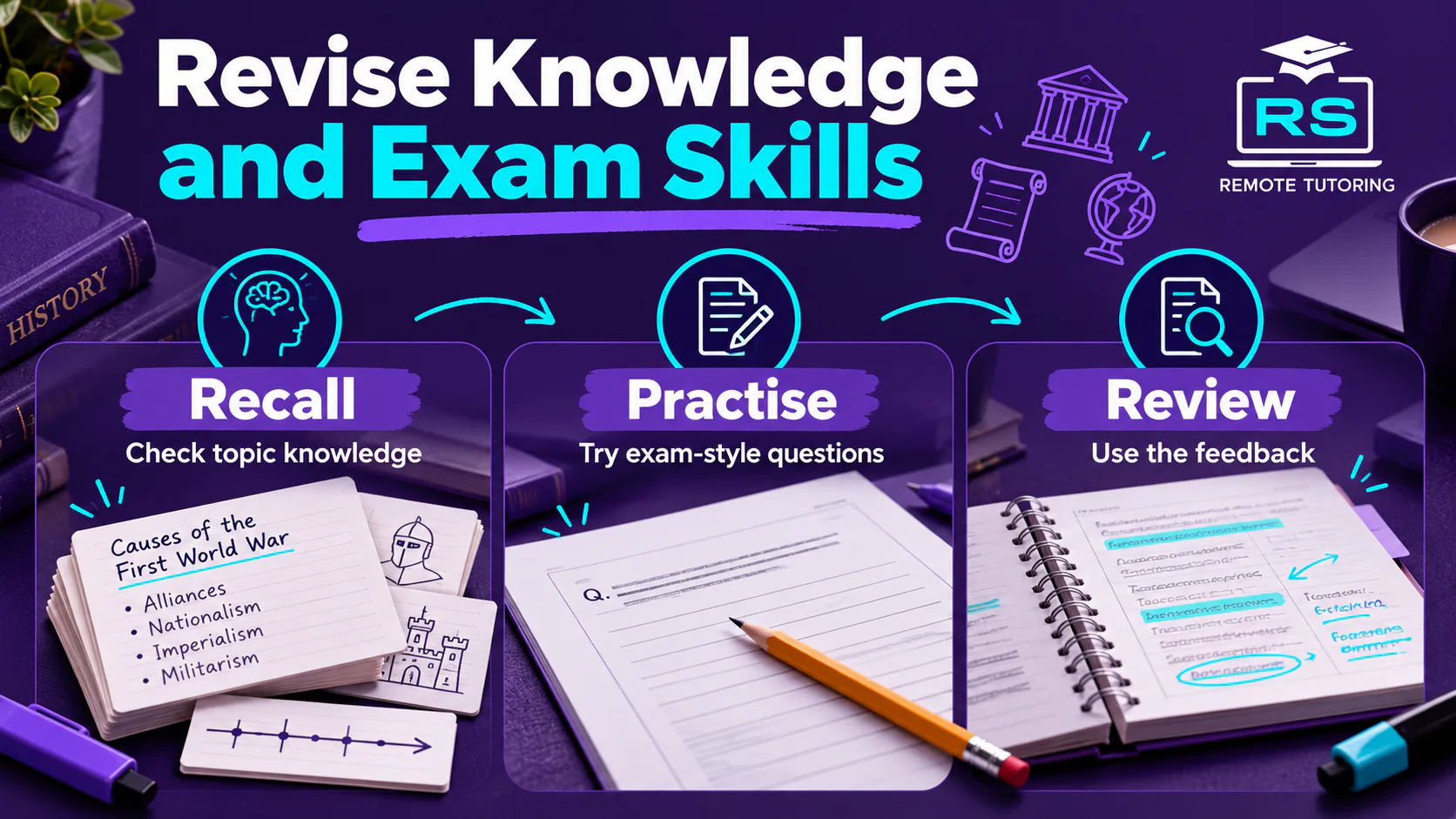 History revision cycle: recall topic knowledge, practise questions and review feedback.
