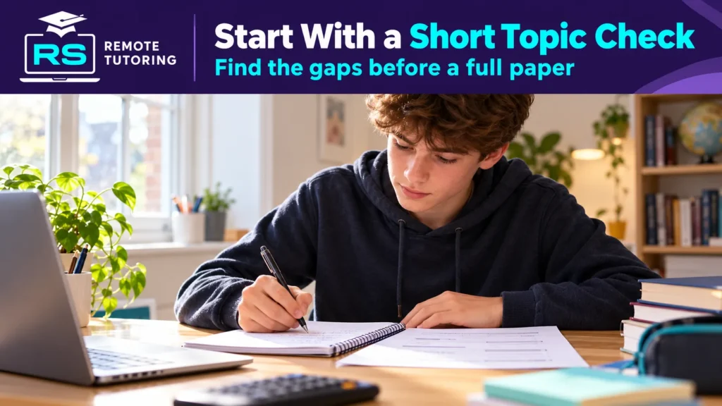 GCSE Maths Worksheets vs Past Papers: Which Should You Use First? 1 Student completing a short topic check in a notebook beside a laptop and calculator