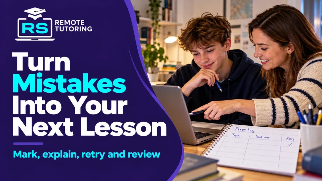 GCSE Maths Worksheets vs Past Papers: Which Should You Use First? 4 Online tutor and teenage student reviewing an error log notebook together at a desk with a laptop