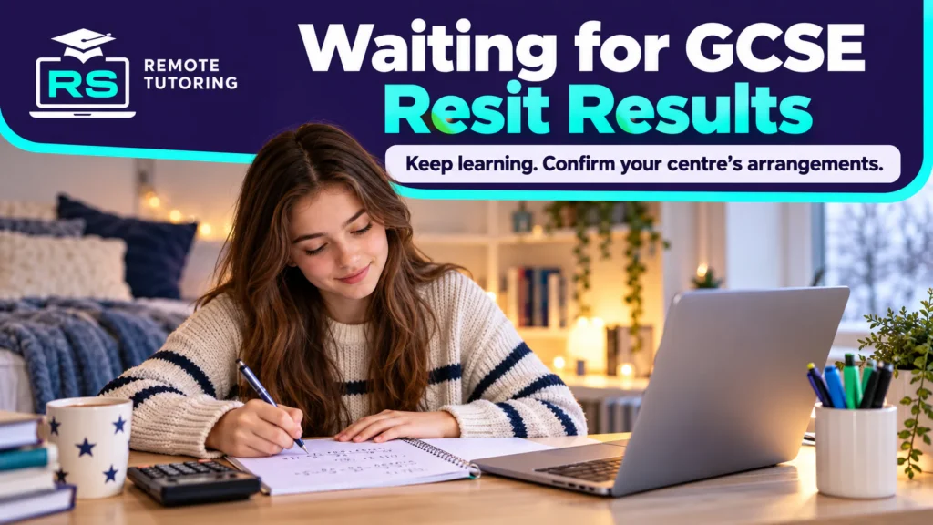 What Happens After the November GCSE Resit Exams? 3 Student in a striped jumper smiling as she works through maths in a notebook beside a laptop and calculator, under the headline Waiting for GCSE Resit Results from RS Remote Tutoring